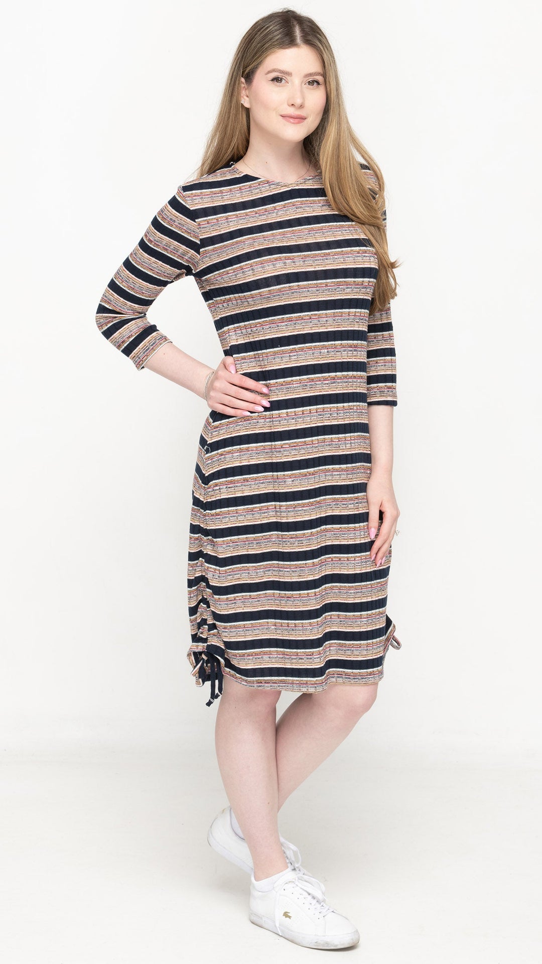 Rib Ruched Dress - Navy Space Dye Stripes