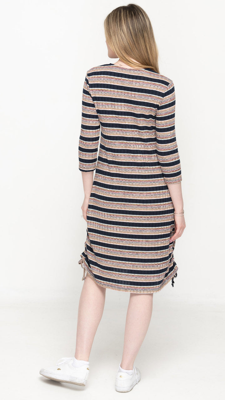 Rib Ruched Dress - Navy Space Dye Stripes