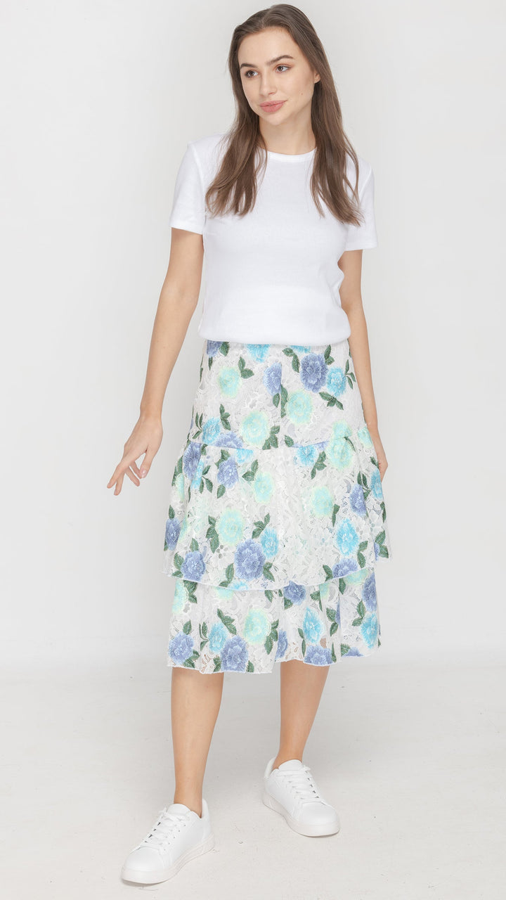 Ruffle Skirt - White Blue Floral Lace