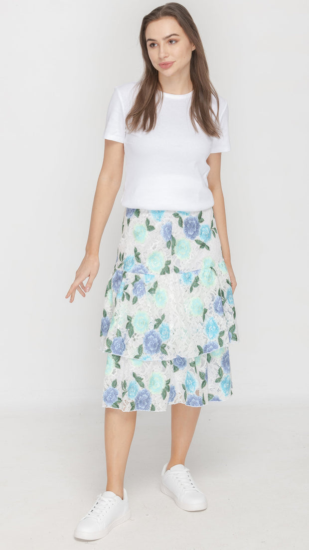 Ruffle Skirt - White Blue Floral Lace