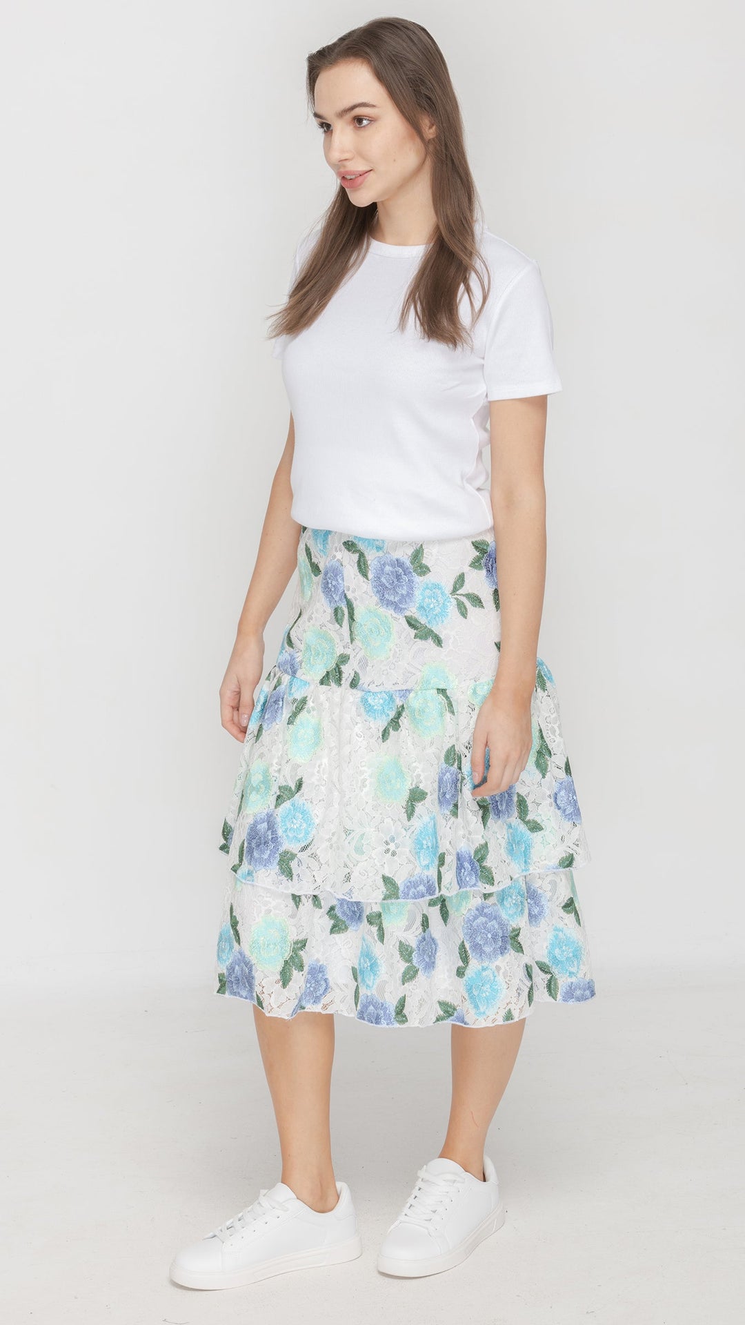 Ruffle Skirt - White Blue Floral Lace