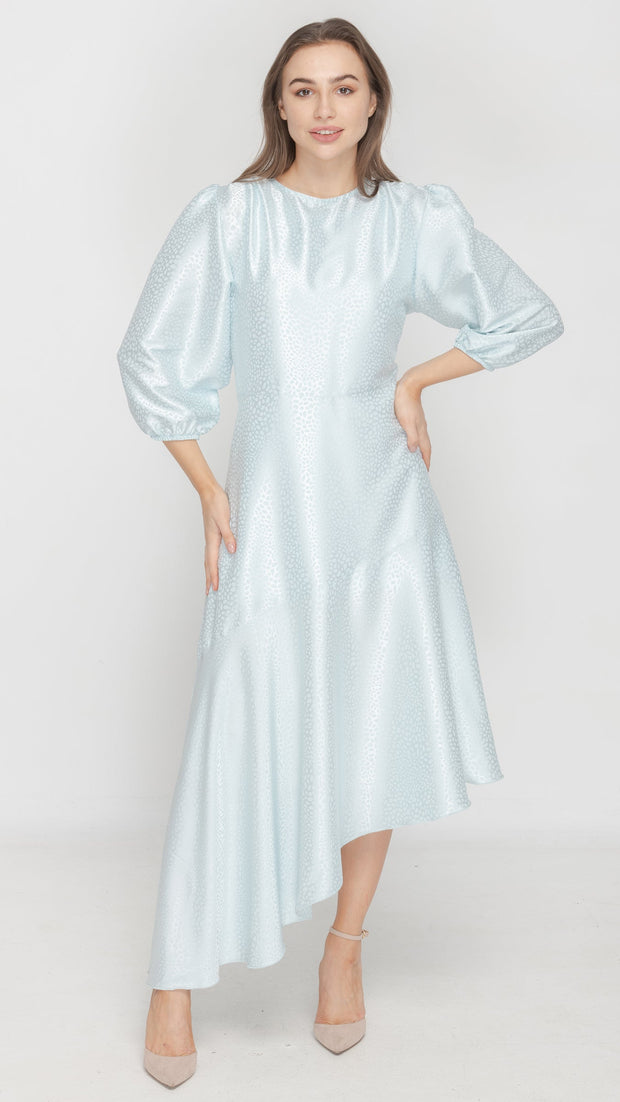 Satin Asymmetrical Dress - Patterned Powder Blue