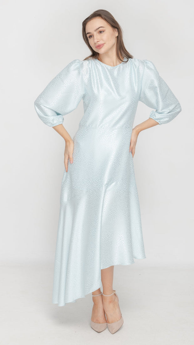 Satin Asymmetrical Dress - Patterned Powder Blue