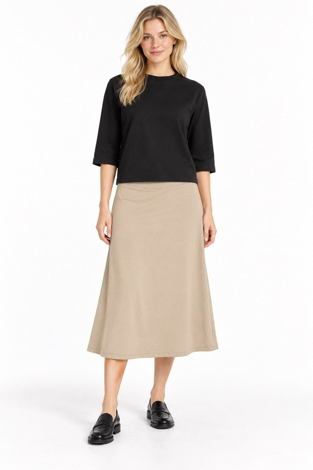 2404 PDR Midi Skirt 28 inch in Beige, front on model