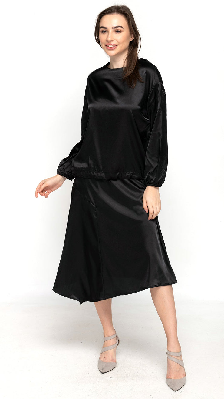 Asymmetric Satin Skirt - Black