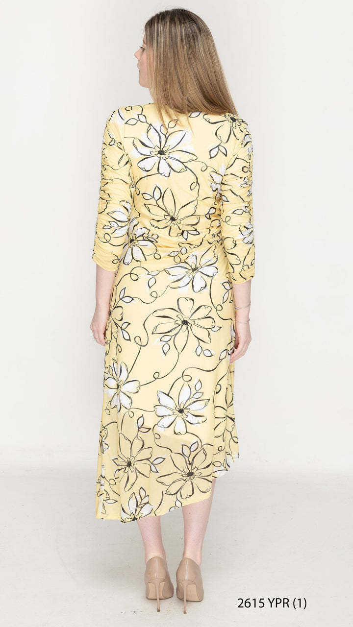 Side Ruched Dress Yellow Floral Print