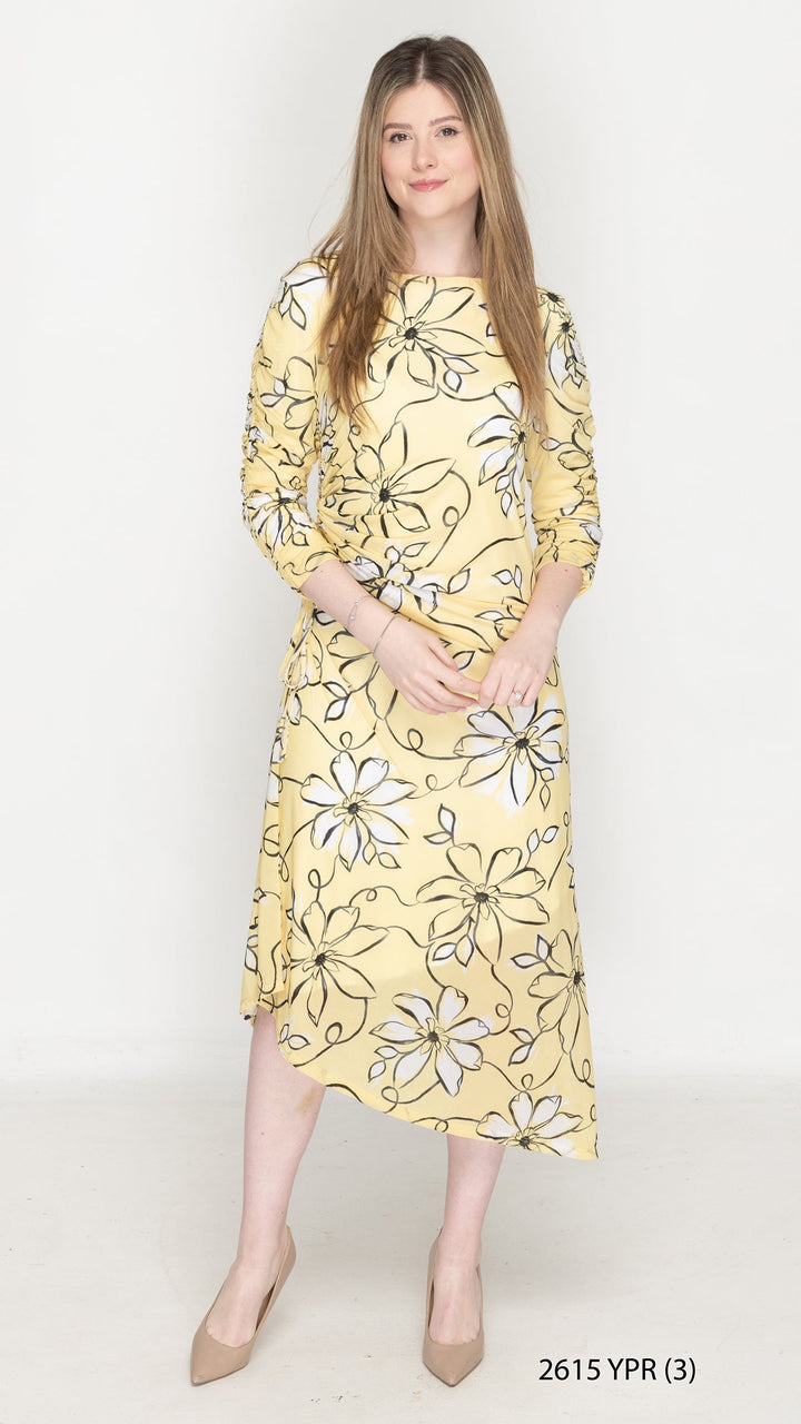 Side Ruched Dress Yellow Floral Print
