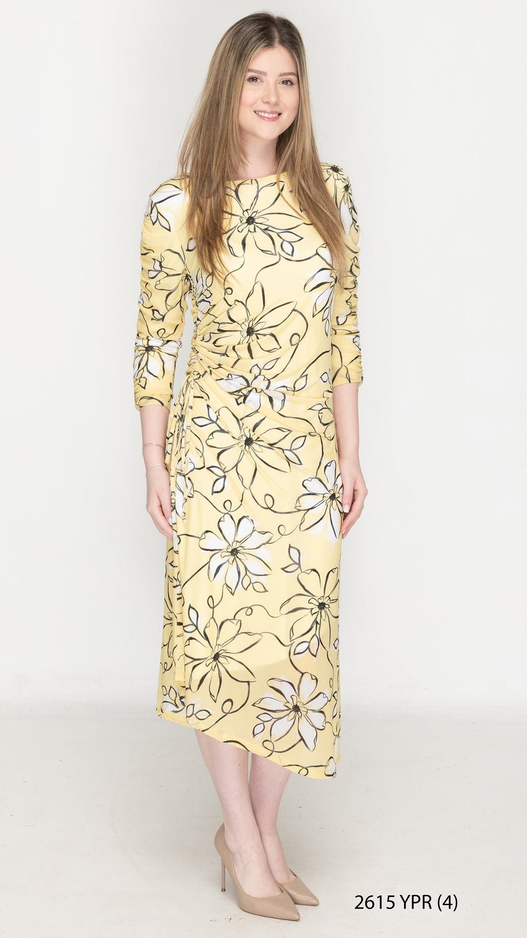 Side Ruched Dress Yellow Floral Print
