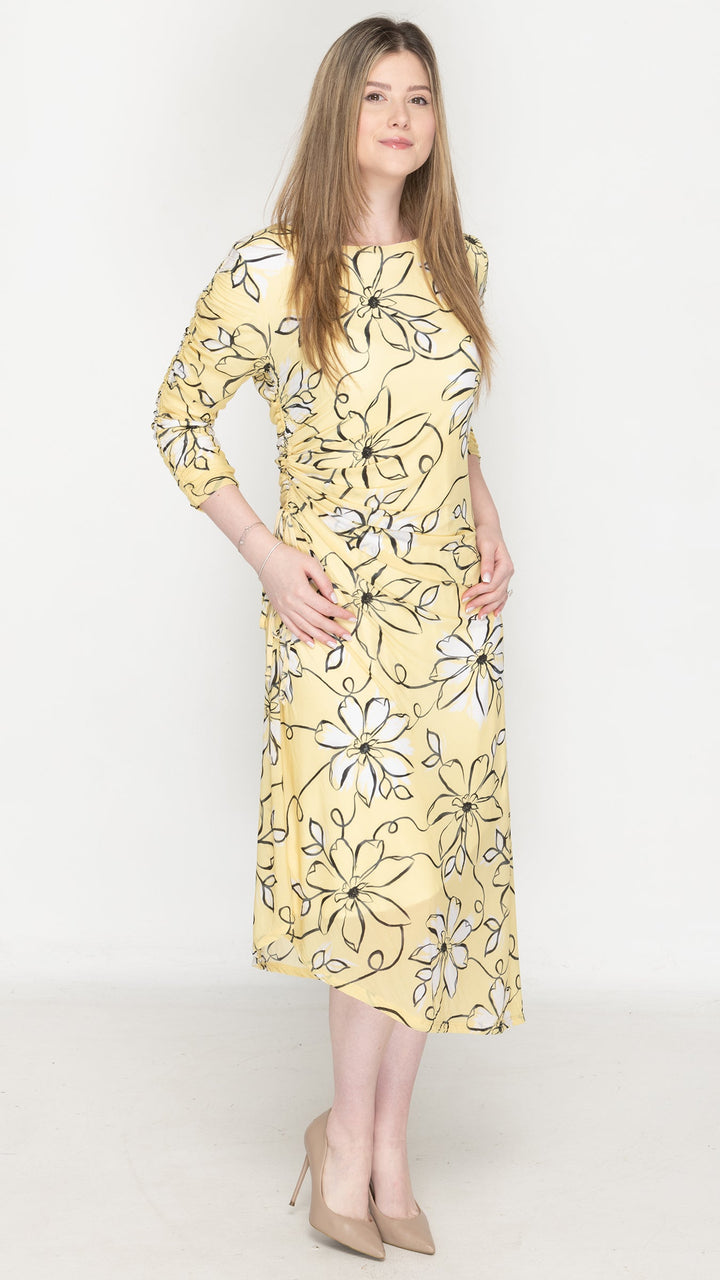 Side Ruched Dress Yellow Floral Print