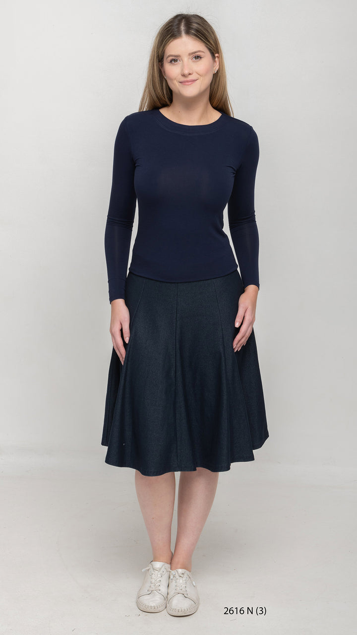 Stretch Knit Denim Panel Skirt - Blue Denim