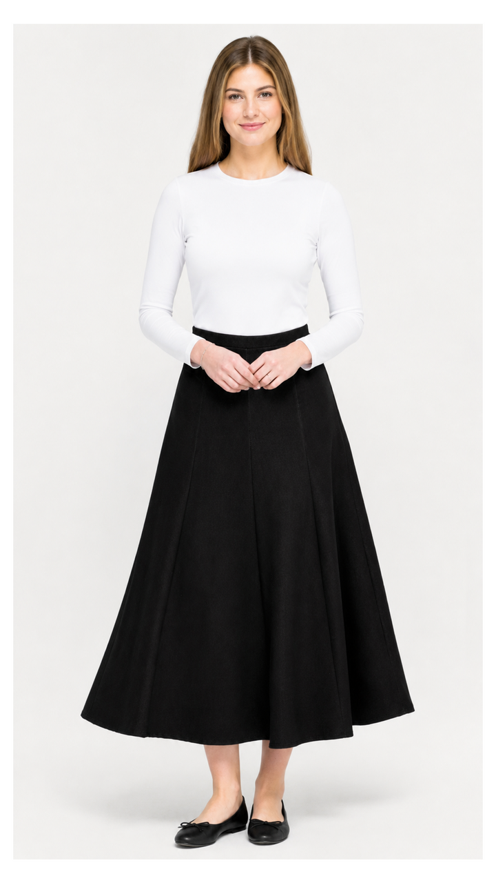 Stretch Knit Denim Panel Skirt - Black Denim 35"