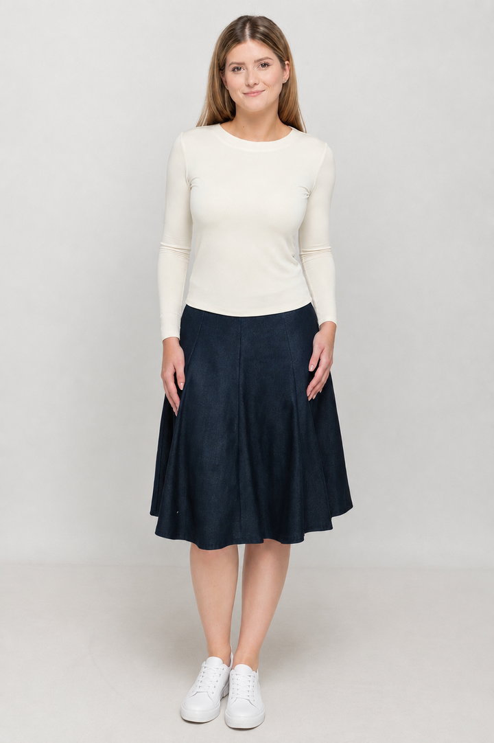 Style 2617 Navy Denim panel skirt front hero view