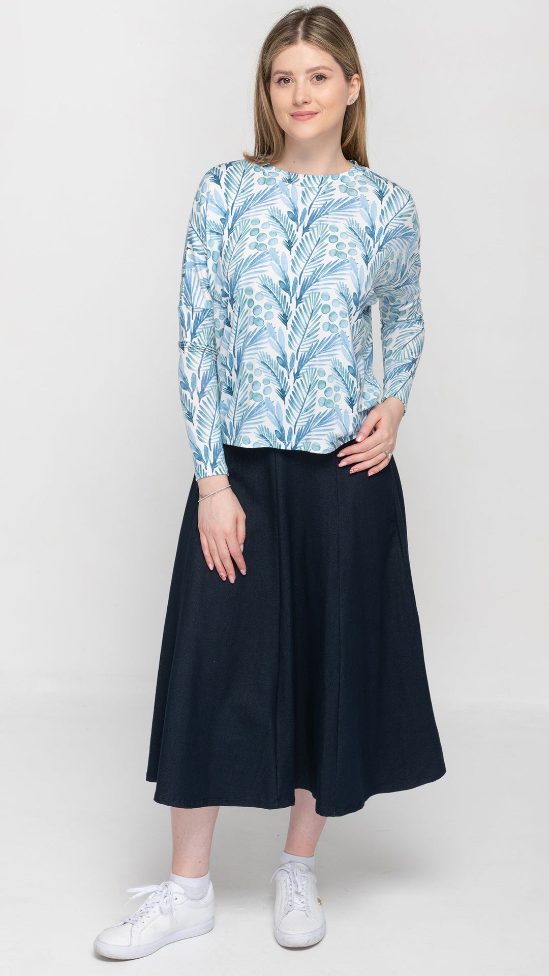 Stretch Knit Denim Panel Skirt - Navy Denim 33"
