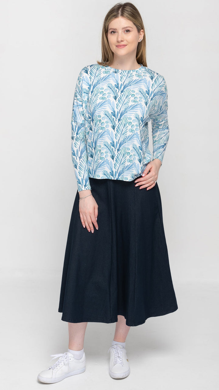 Stretch Knit Denim Panel Skirt - Navy Denim 33"