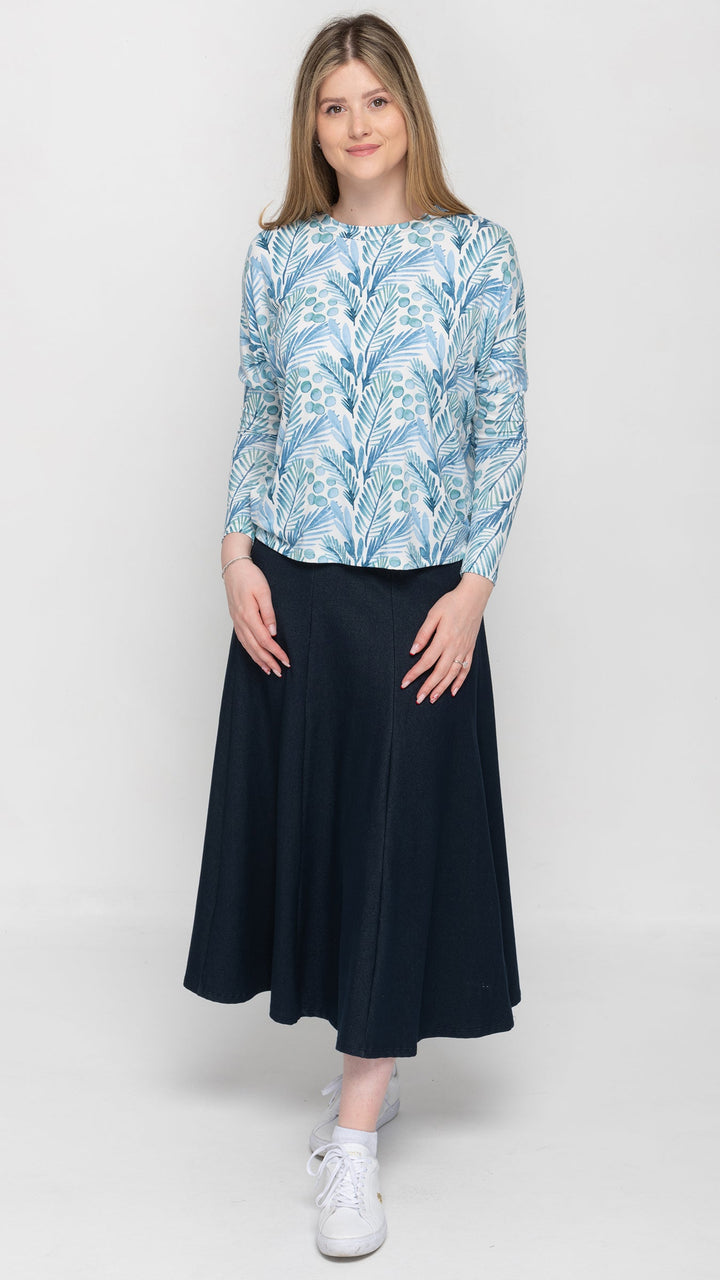 Stretch Knit Denim Panel Skirt - Navy Denim 35"