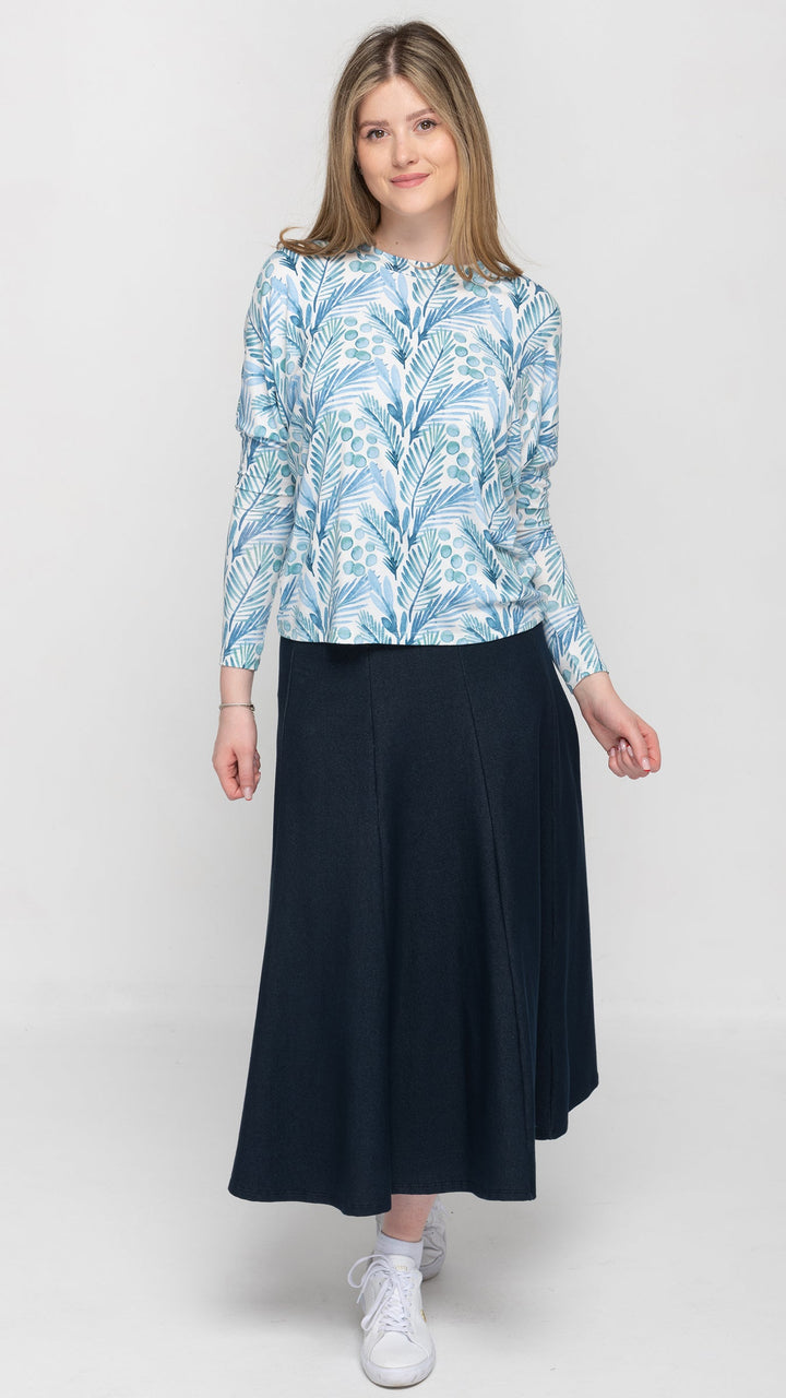 Stretch Knit Denim Panel Skirt - Navy Denim 35"