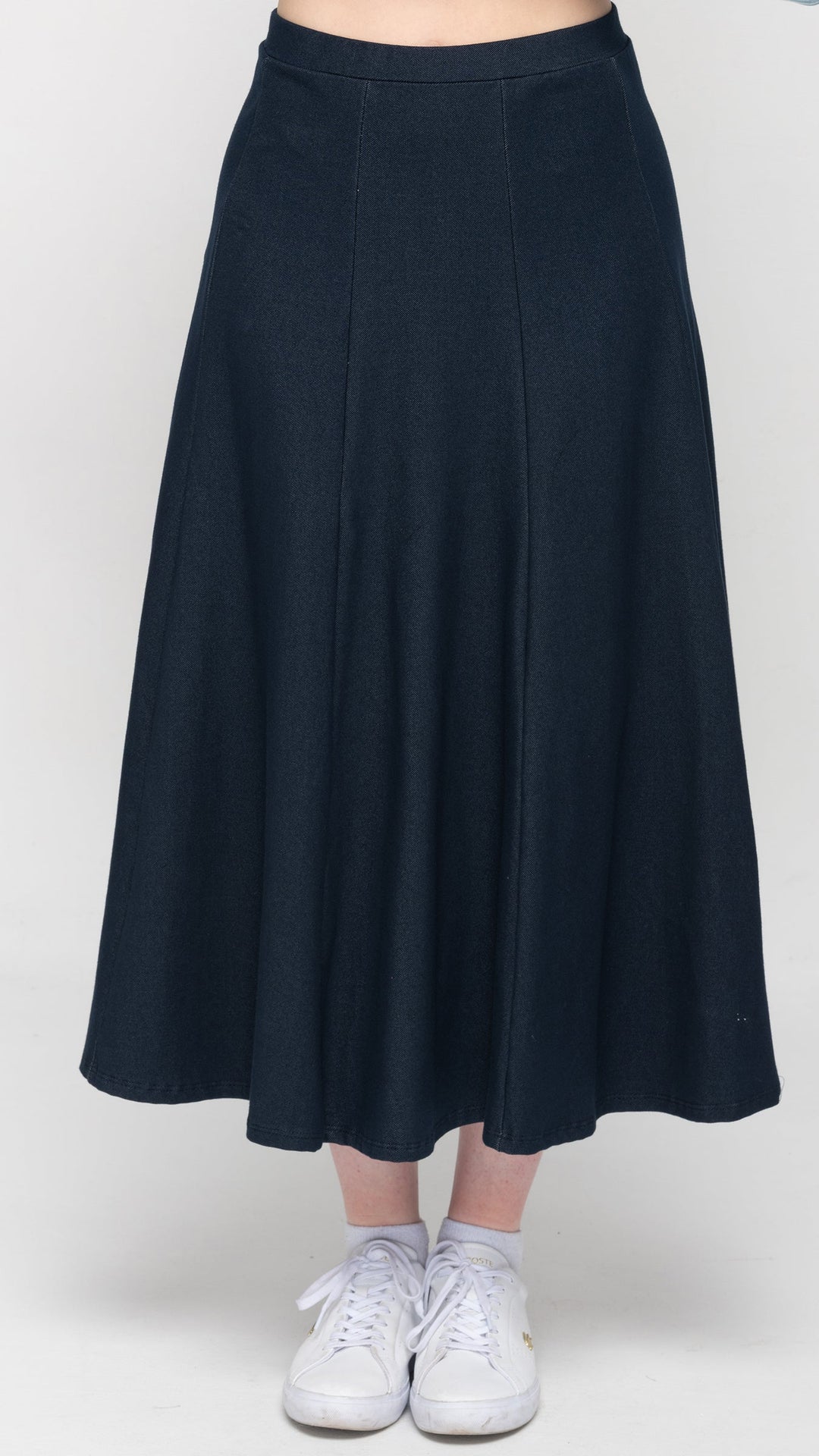 Stretch Knit Denim Panel Skirt - Navy Denim 35"