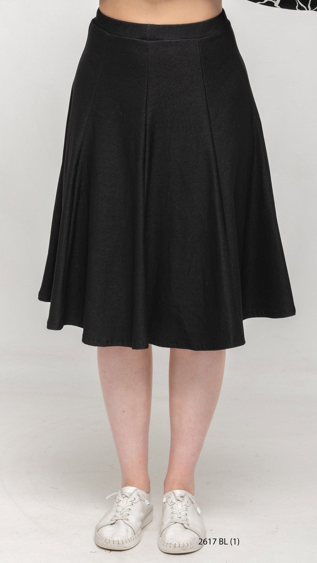 Stretch Knit Denim Panel Skirt - Black Denim