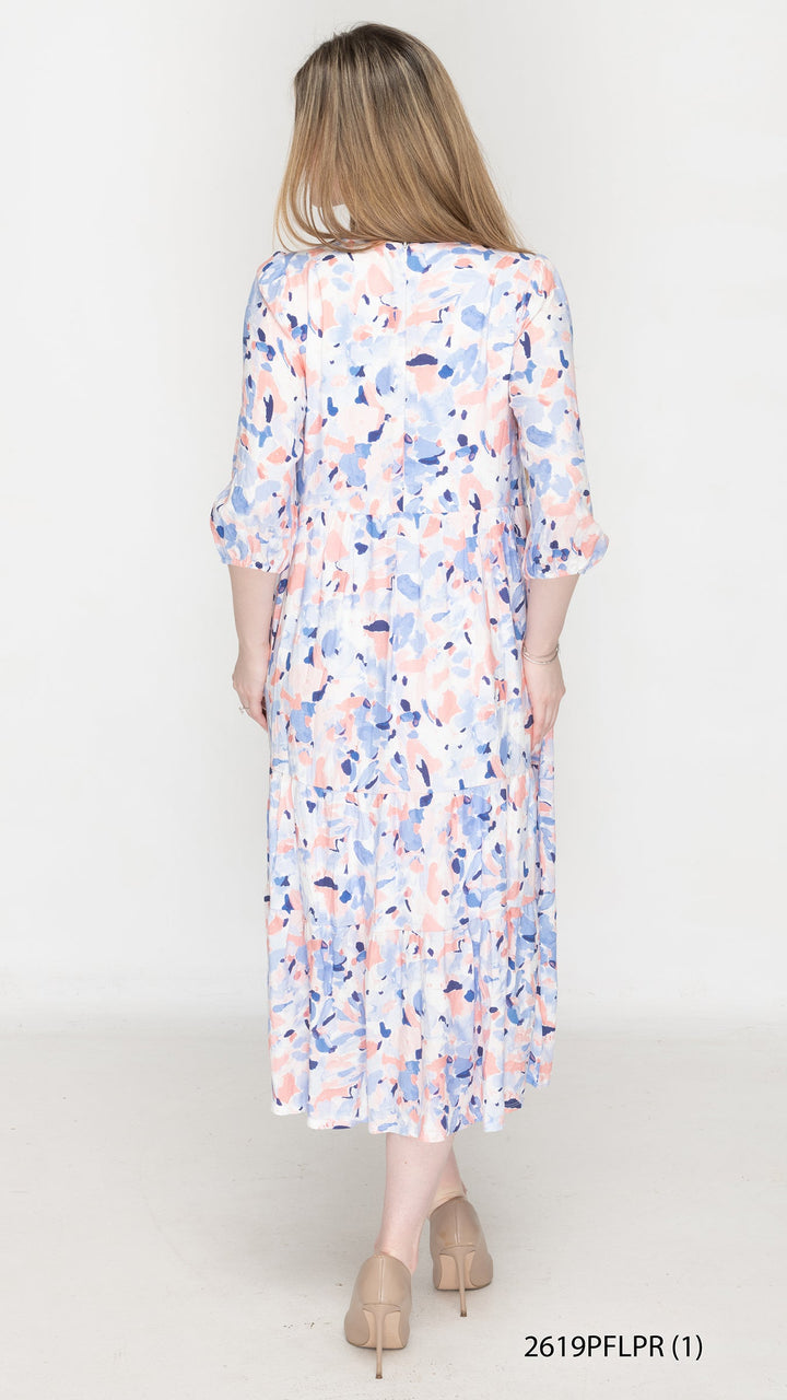 Pink Blue Abstract Floral Tier Dress