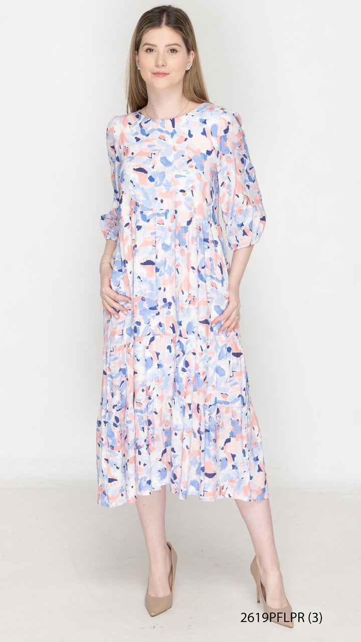 Pink Blue Abstract Floral Tier Dress