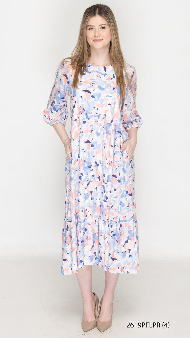 Pink Blue Abstract Floral Tier Dress