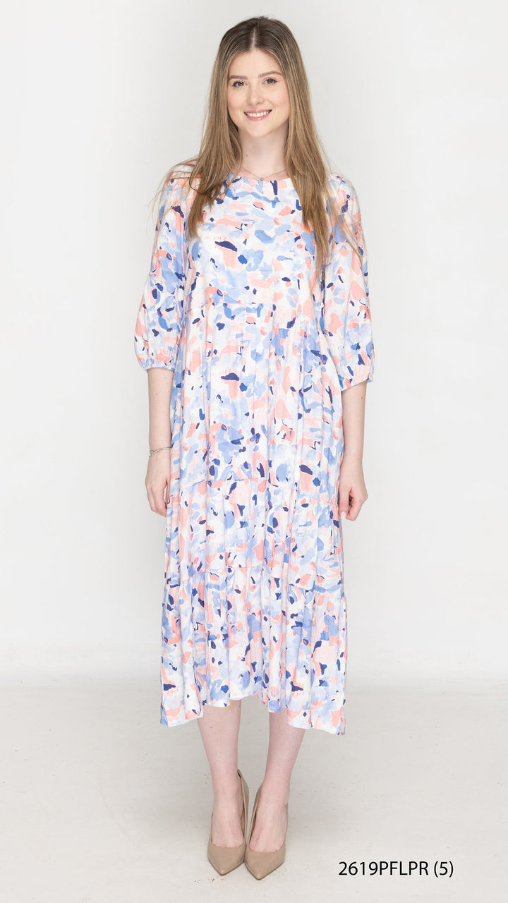 Pink Blue Abstract Floral Tier Dress