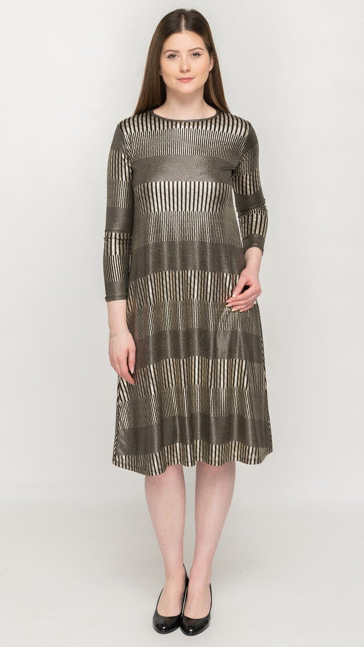 Belted A-Line Dress Gold Foil Print
