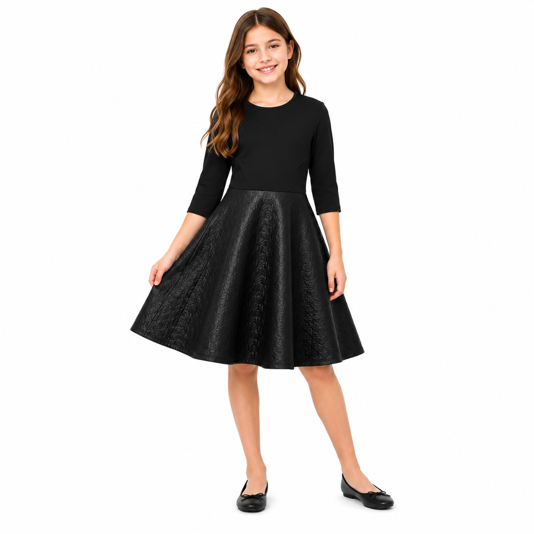 Girls Skater Dress - Black Quilted Pleather