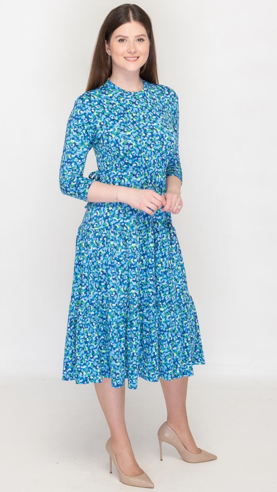 Tiered Drawstring Dress Blue Ditsy Floral