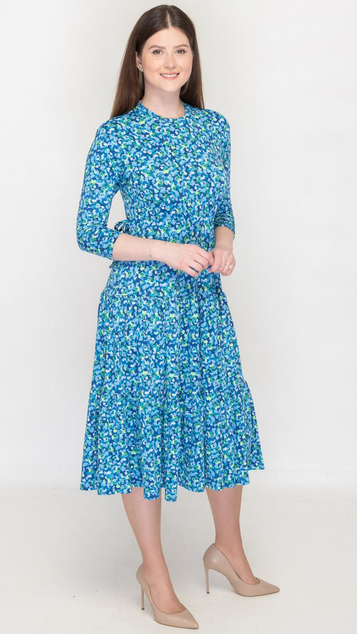 Tiered Drawstring Dress Blue Ditsy Floral