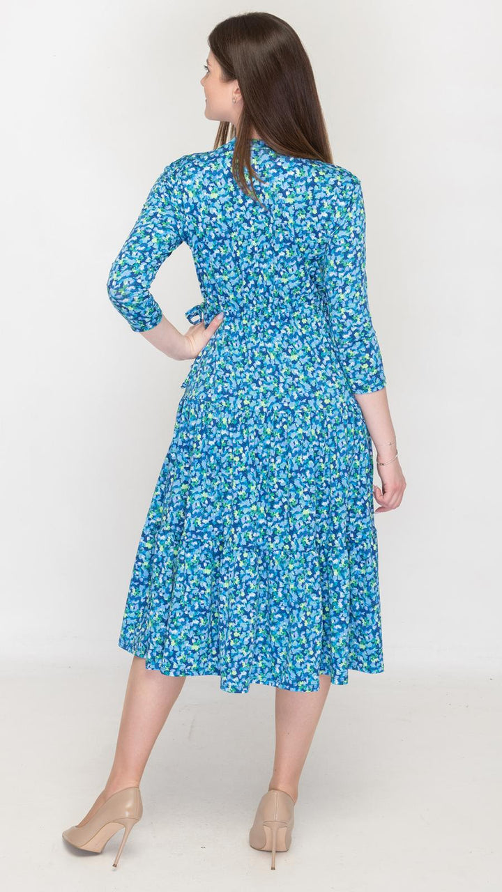 Tiered Drawstring Dress Blue Ditsy Floral