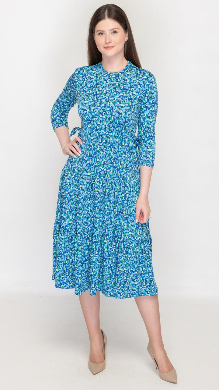 Tiered Drawstring Dress Blue Ditsy Floral