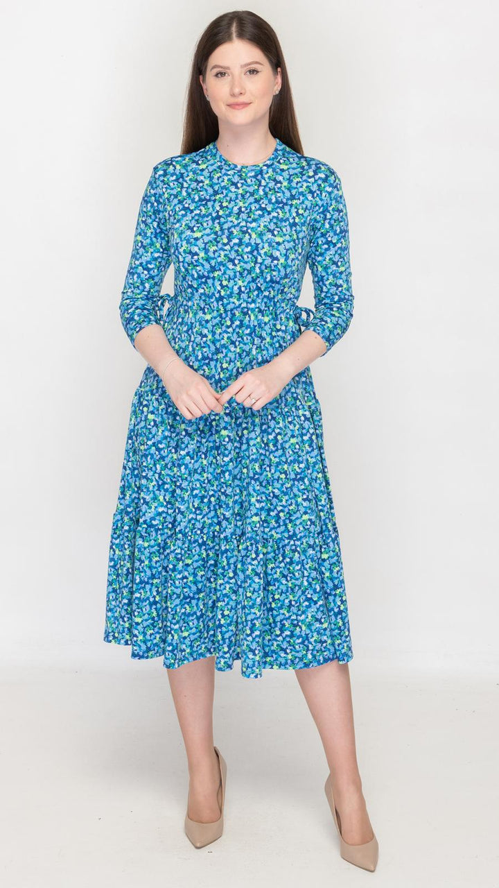 Tiered Drawstring Dress Blue Ditsy Floral